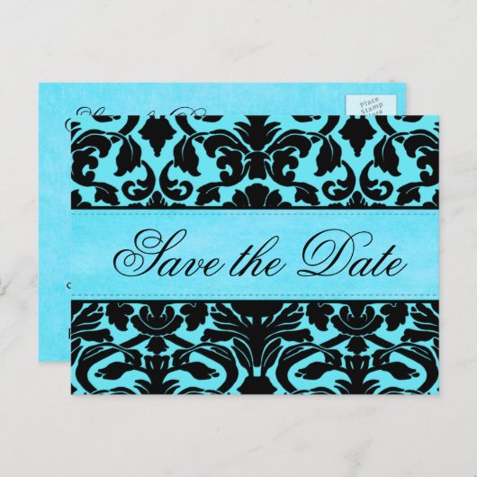 Blauw en zwart Damask Save the Date Kaart (Voorkant / Achterkant)