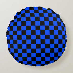 Blauw en zwart dambordpatroon rond kussen