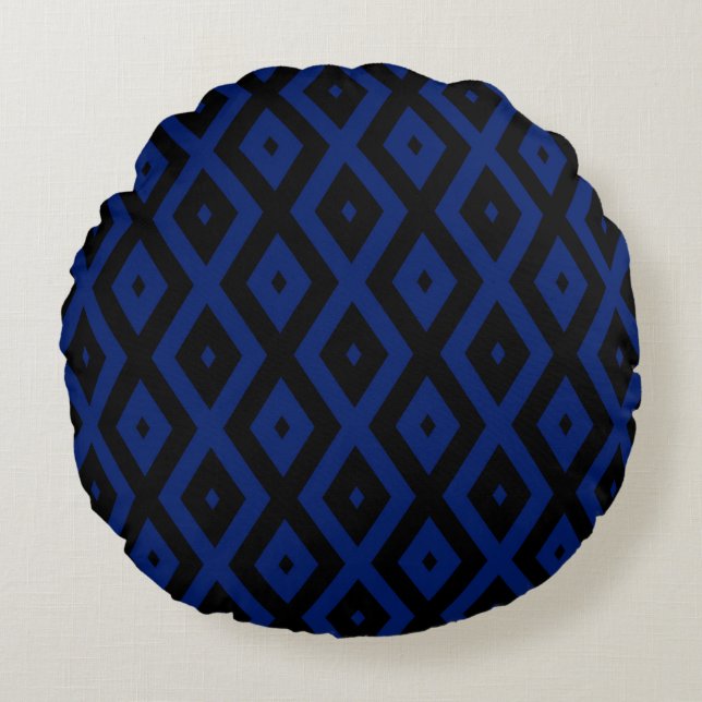 Blauw en zwart diamantpatroon rond kussen (Voorkant)