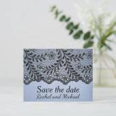 Blauw en Zwart Faux Kant Sla de datum op Aankondigingskaart (Staand voorkant)