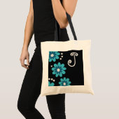 Blauw en zwart Floral monogram Tote Bag (Voorkant (product))