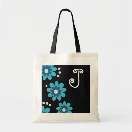 Blauw en zwart Floral monogram Tote Bag (Voorkant)
