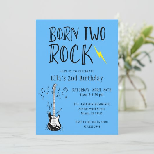 Blauw en Zwart Geboren Twee Rock Gitaar 2e Verjaar Kaart (Staand voorkant)