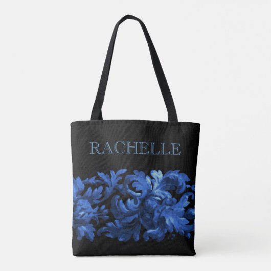 Blauw en zwart gekleurde barokgrens met naam tote bag (Achterkant)