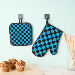 Blauw en zwart geruit print ovenwant & pannenlap set