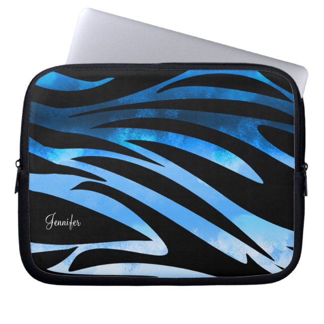 Blauw en zwart gestreept patroon laptop sleeve (Voorkant)