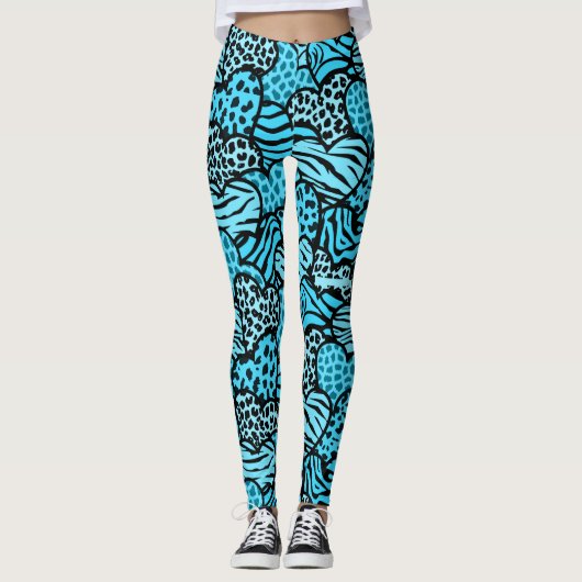Blauw en zwart girly dierenprint harten horloge leggings (Voorkant)