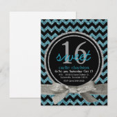 Blauw en zwart Glitter Kijk Chevron Sweet 16 Party Kaart (Voorkant / Achterkant)