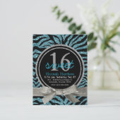 Blauw en zwart Glitter Kijk Zebra Sweet 16-partij Kaart (Staand voorkant)