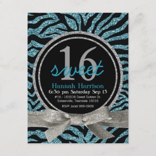 Blauw en zwart Glitter Kijk Zebra Sweet 16-partij Kaart