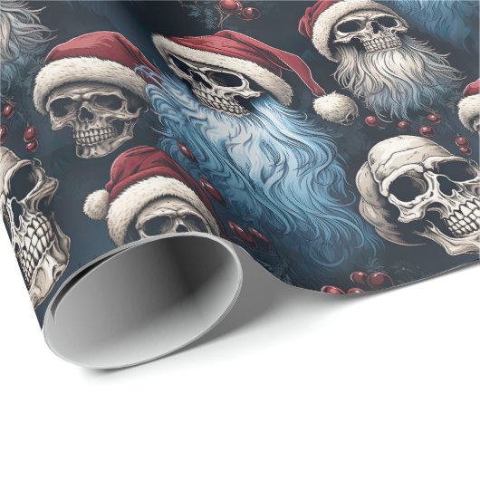 Blauw en Zwart Gotische Santa Skulls Kerstcadeau Cadeaupapier (Rol Hoek)