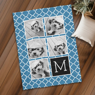 Blauw en zwart instagram 5 Foto Collage Monogram Fleece Deken