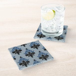 Blauw en zwart klassiek damaststijl glazen onderzetter