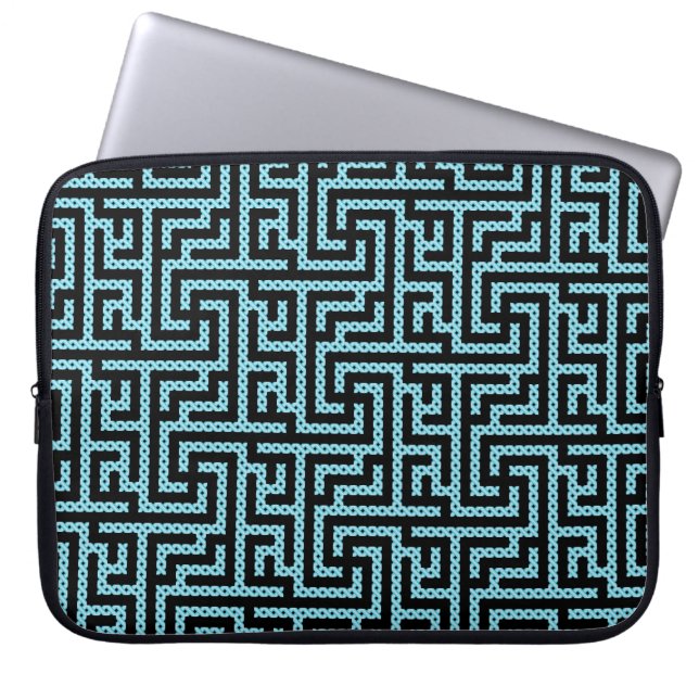 Blauw en zwart labyrint laptop sleeve (Voorkant)