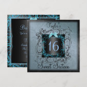 Blauw en zwart Lijst Sweet16 Birthday Invite Kaart (Voorkant / Achterkant)