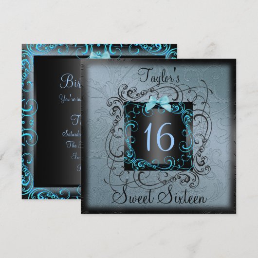 Blauw en zwart Lijst Sweet16 Birthday Invite Kaart (Voorkant / Achterkant)