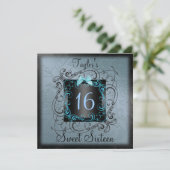 Blauw en zwart Lijst Sweet16 Birthday Invite Kaart (Staand voorkant)