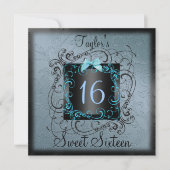 Blauw en zwart Lijst Sweet16 Birthday Invite Kaart (Voorkant)
