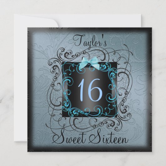 Blauw en zwart Lijst Sweet16 Birthday Invite Kaart (Voorkant)