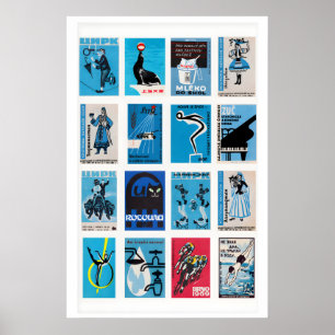 Blauw en zwart luciferdoosje label collage, minima poster