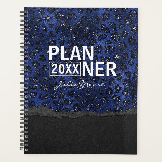 Blauw en zwart luipaardpatroon gepersonaliseerd planner (Voorkant)