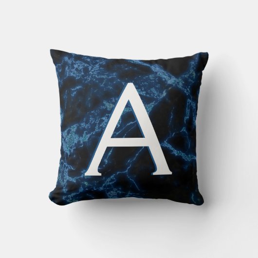 Blauw en zwart marmer monogram Initiaal Kussen (Voorkant)
