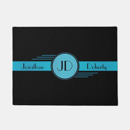 Blauw en zwart monogram Art Deco Deurmat (Voorkant)