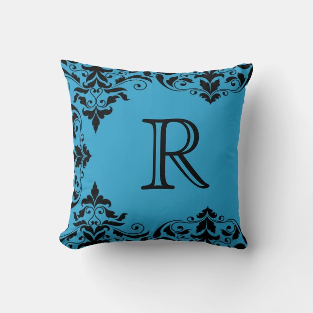 Blauw en zwart Monogram Damask Pillow Kussen (Voorkant)