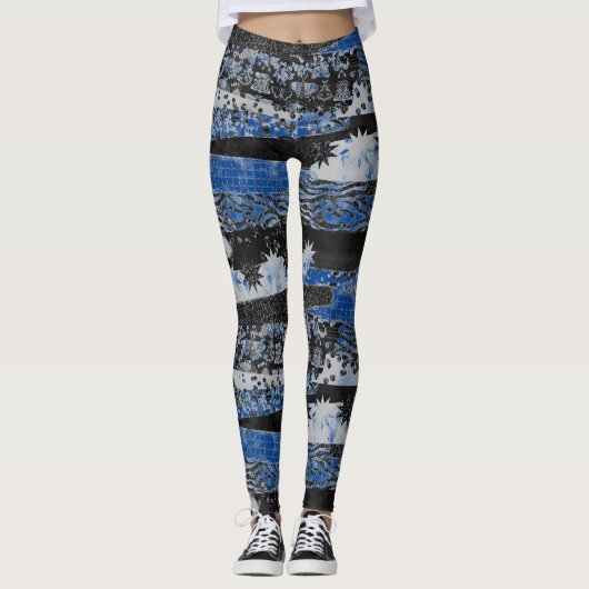 Blauw en zwart multiprint leggings (Voorkant)