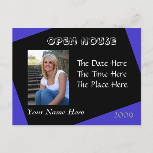 Blauw en zwart open huis briefkaart (Voorkant)