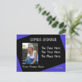 Blauw en zwart open huis briefkaart (Staand voorkant)