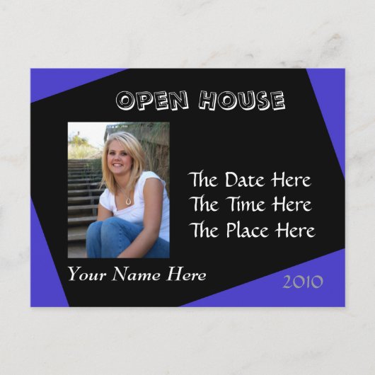 Blauw en zwart open huis briefkaart (Voorkant)
