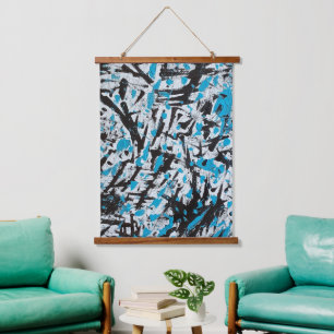 Blauw en zwart Penseelsporen Abstract Hangend Wandkleed