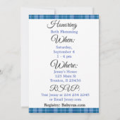 Blauw en Zwart Plaid Baby shower Invitation Kaart (Achterkant)