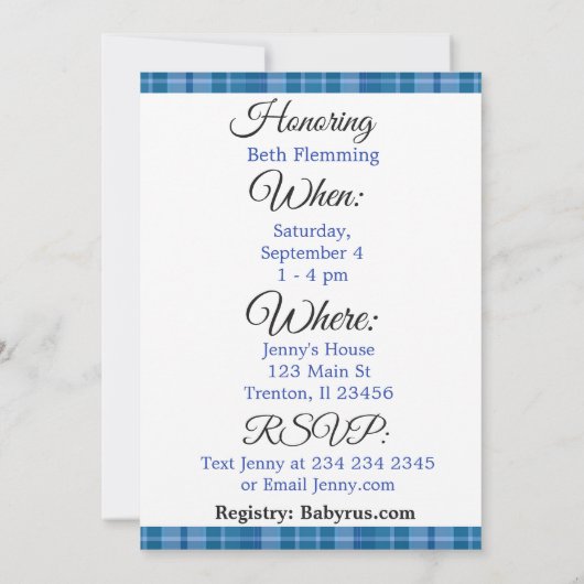 Blauw en Zwart Plaid Baby shower Invitation Kaart (Achterkant)
