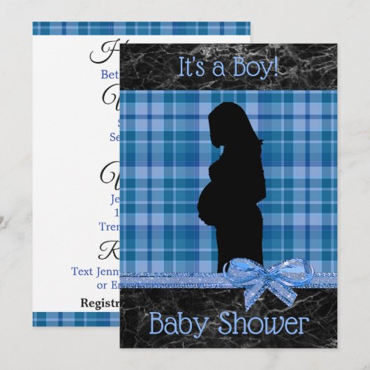 Blauw en Zwart Plaid Baby shower Invitation Kaart (Voorkant / Achterkant)