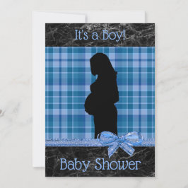 Blauw en Zwart Plaid Baby shower Invitation Kaart