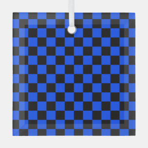 Blauw en zwart schaakbordpatroon glas ornament
