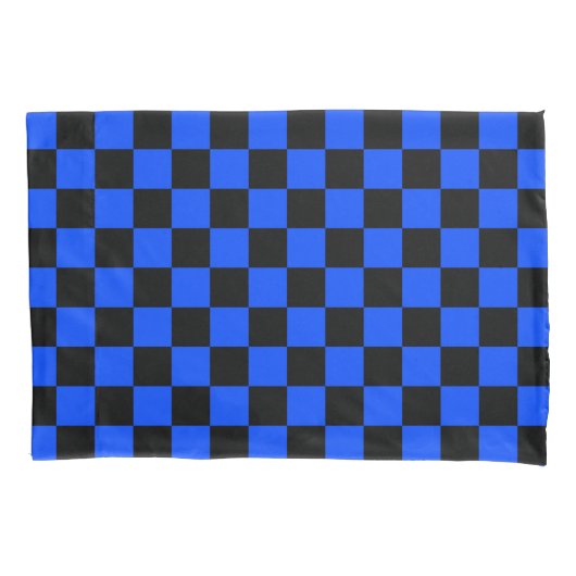 Blauw en zwart schaakbordpatroon kussensloop (Voorkant-Links)