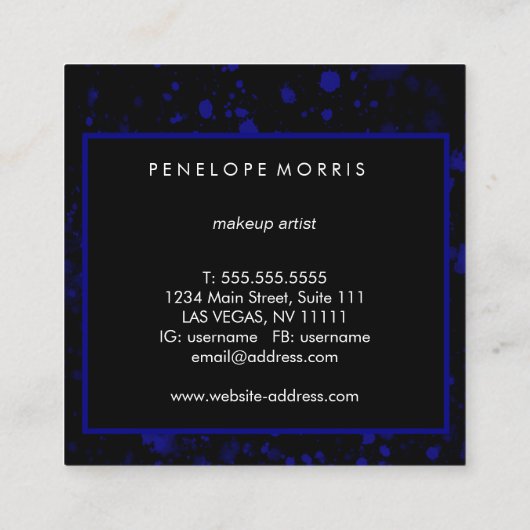 Blauw en zwart schilderplaatje, schoonheidslijst vierkante visitekaartje (Achterkant)