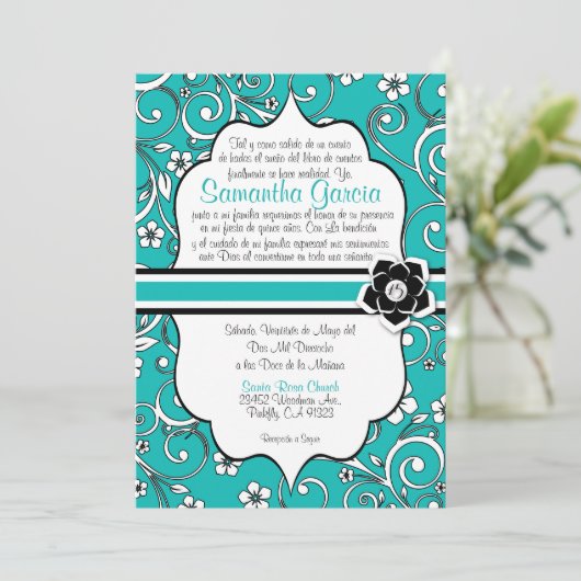 Blauw en zwart Spaans Quinceañera Kaart (Staand voorkant)