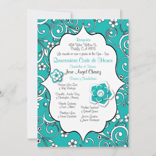 Blauw en zwart Spaans Quinceañera Kaart (Achterkant)