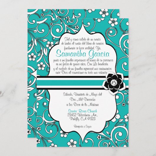 Blauw en zwart Spaans Quinceañera Kaart (Voorkant / Achterkant)