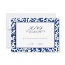 Blauw en Zwart Swirl Damask Wedding Response Kaart