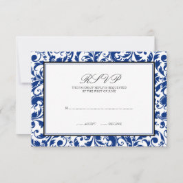 Blauw en Zwart Swirl Damask Wedding Response Kaart