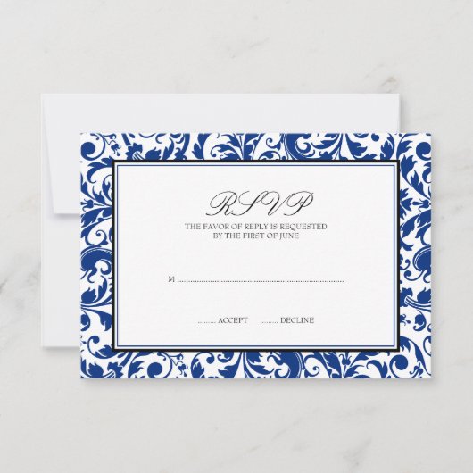 Blauw en Zwart Swirl Damask Wedding Response Kaart (Voorkant)
