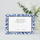 Blauw en Zwart Swirl Damask Wedding Response Kaart (Staand voorkant)