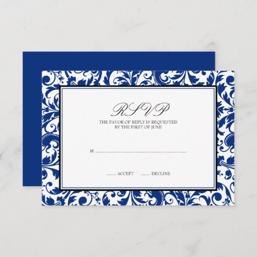 Blauw en Zwart Swirl Damask Wedding Response Kaart (Voorkant / Achterkant)