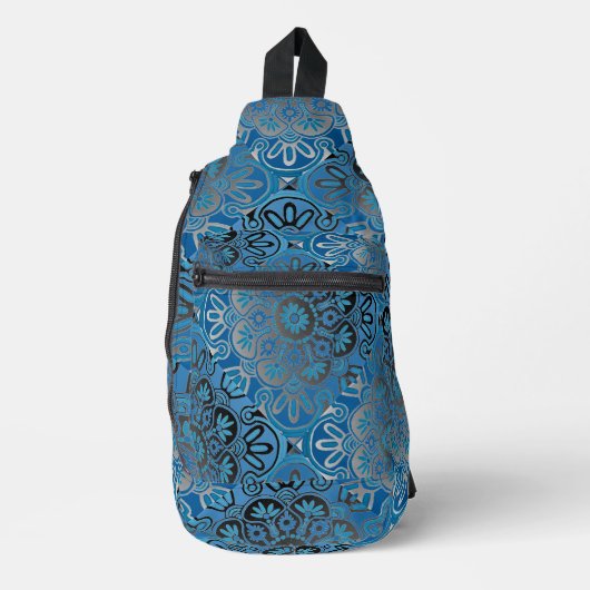 Blauw en zwart tegel patroon Sling tas Rugzak (Voorkant)