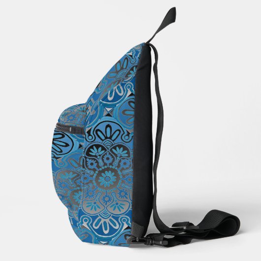 Blauw en zwart tegel patroon Sling tas Rugzak (Rechts)